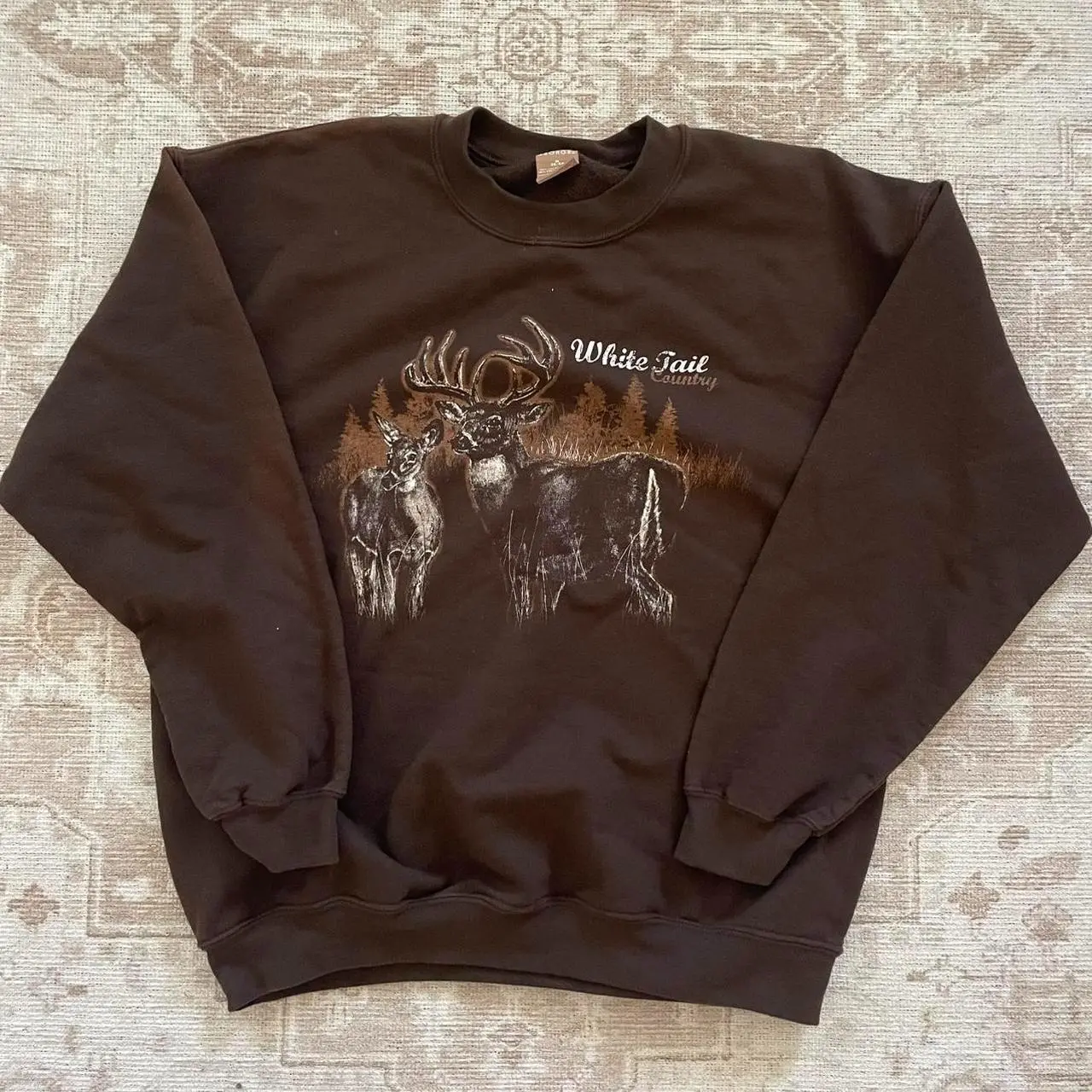 Brown Vintage 90s Crewneck Pullover Sweatshirt with Deer Graphic