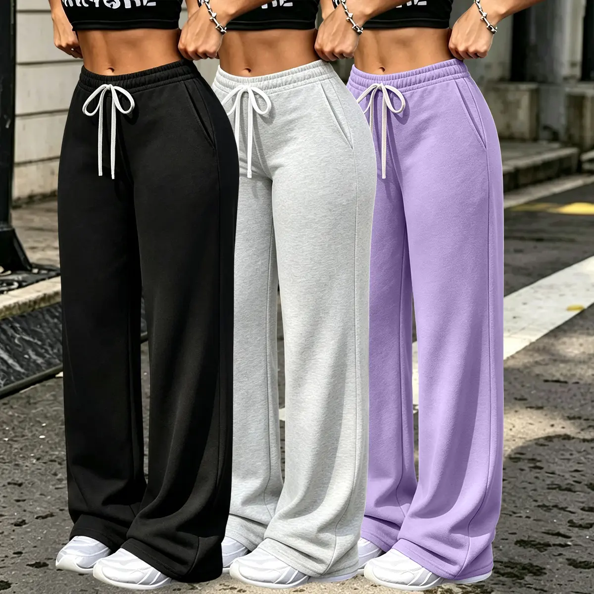 3Pcs Women's Casual Straight Leg Pants, Loose Fit Casual Pants with Drawstring Waist & Double Pockets - Fleece‑Lined, Solid Colors, Knit Fabric, Polyester, Versatile for Casual Attire, Jogging Pants, Basic Womenswear, Minimalist Bottom, Soft Fabric Pants