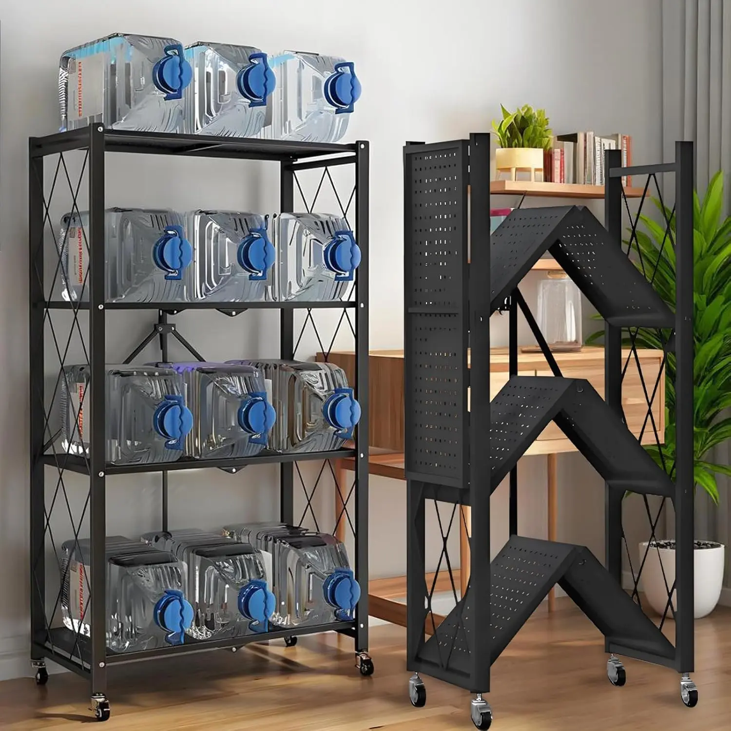 Virplik Modern 4-Layer Foldable Carbon Steel Storage Shelf with Locking Wheels, Easy Assembly, Space-Saving Organizer for Kitchen, Pantry