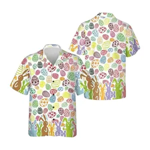Happy Easter Bunny Egg Hawaiian Shirt, Pastel Easter Holiday Party Button Down Shirt, Funny Bunny Short Sleeve Hawaiian Shirt for Adults and Youth