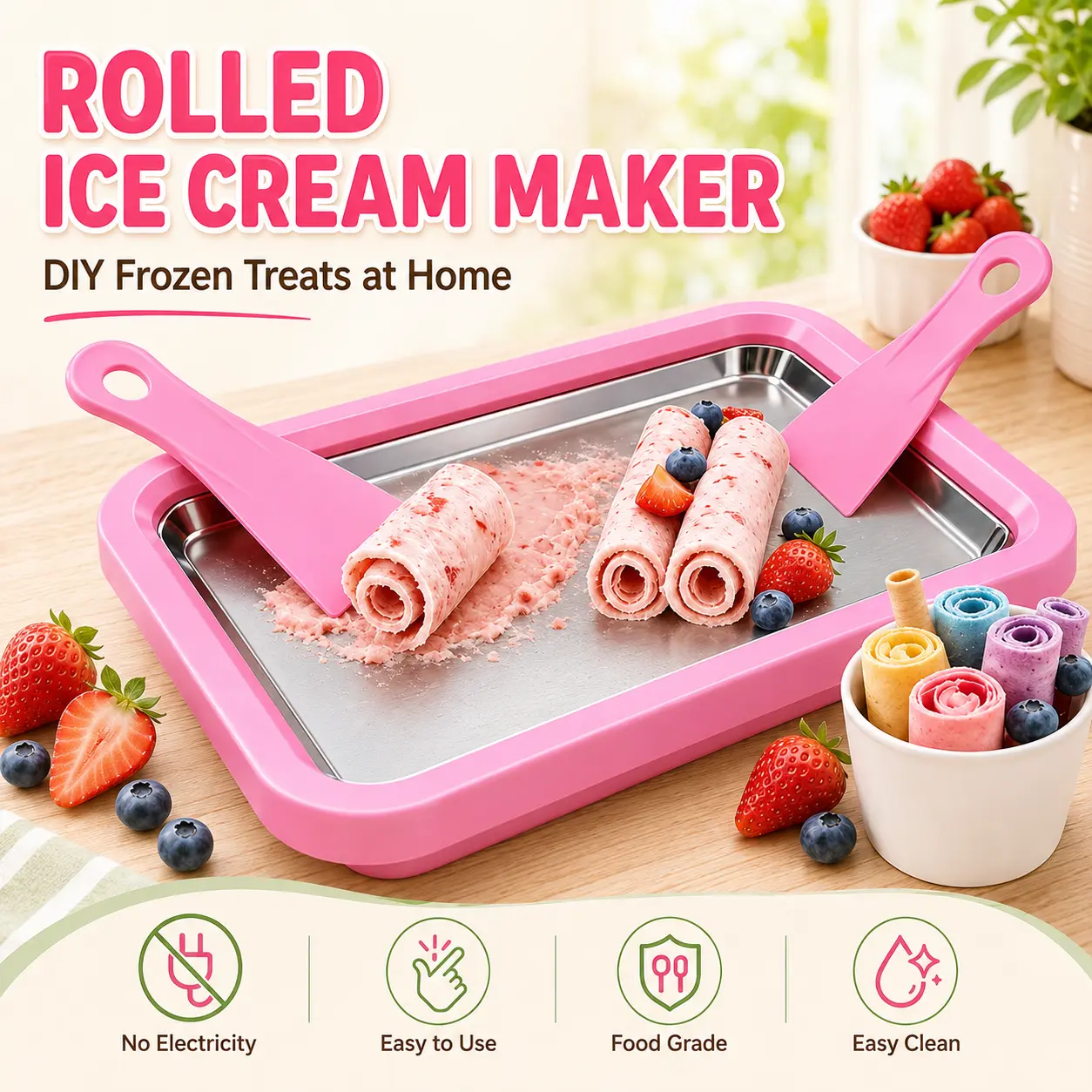 UOYGAO Food Grade Stainless Steel Rolled Ice Cream Maker Kit - Reusable Kitchen Utensil, Set Includes Tray & 2 Scrapers, for Homemade Frozen Yogurt/Slushie, Parent-Child DIY Activity, Pink Birthday Gift Ideas