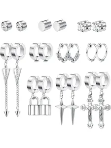 10 Pairs Silvery Street Cool Stainless Steel Earrings for Women Men Small Hoop Dangle Dangling Cross Black Plain Stud Earrings Set Hypoallergenic Trendy Hoop Stud Earrings