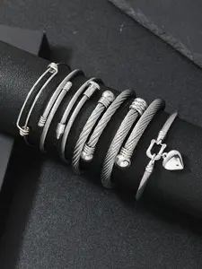 6pcs Fashion Simple Steel Wire Cable Rope Design Heart Cuff Bracelet Set, Hip Hop Style Jewelry, Adjustable, Suitable for Any Occasion