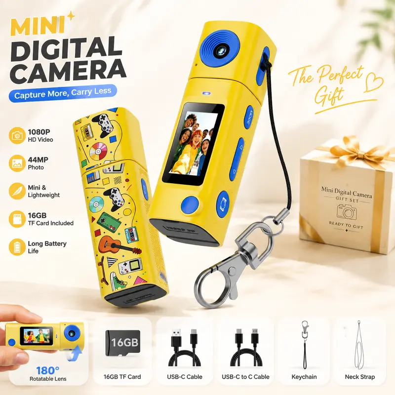 【Free 16GB Memory Card】Vintage Mini Digital Camera - Compact Portable Keychain Plastic Camera with 270° Rotating Lens, 21 Retro Filters, SD Slot, Lipstick-Sized Video Camcorder for Vlogging, Photography