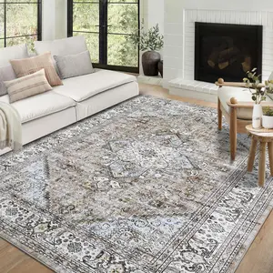 GARVEE Area Rug 10x13 Extra Large Rug for Living Room Vintage Distressed Machine Washable Rug, Non-Slip Stain Resistant Accent Rug Retro Medallion Floor Cover Carpet for Bedroom, Taupe
