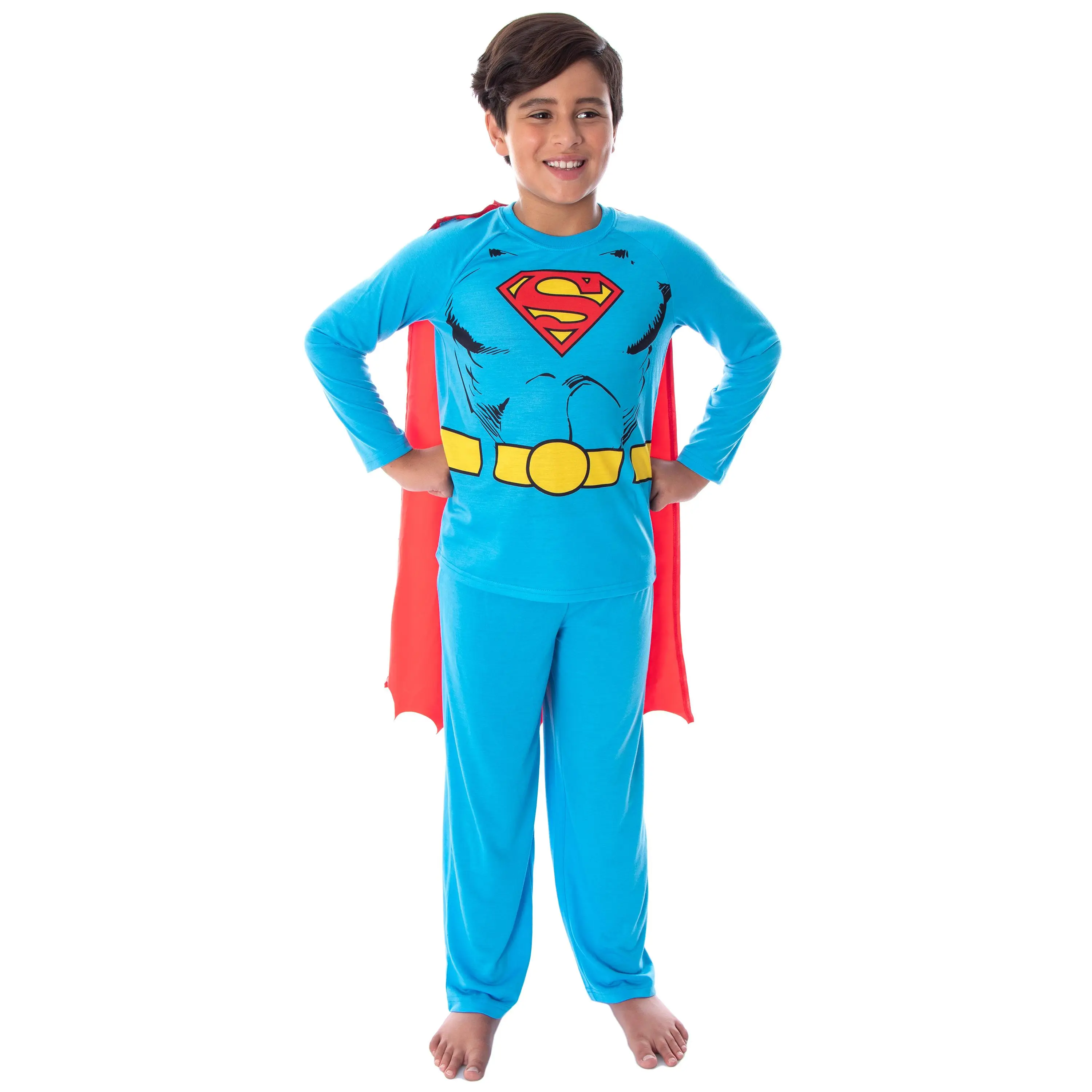 DC Comics Boys' Superman Classic Superhero Raglan Shirt And Pants Pajama Set with Detachable Cape, Sleepwear, Bed Pajamas