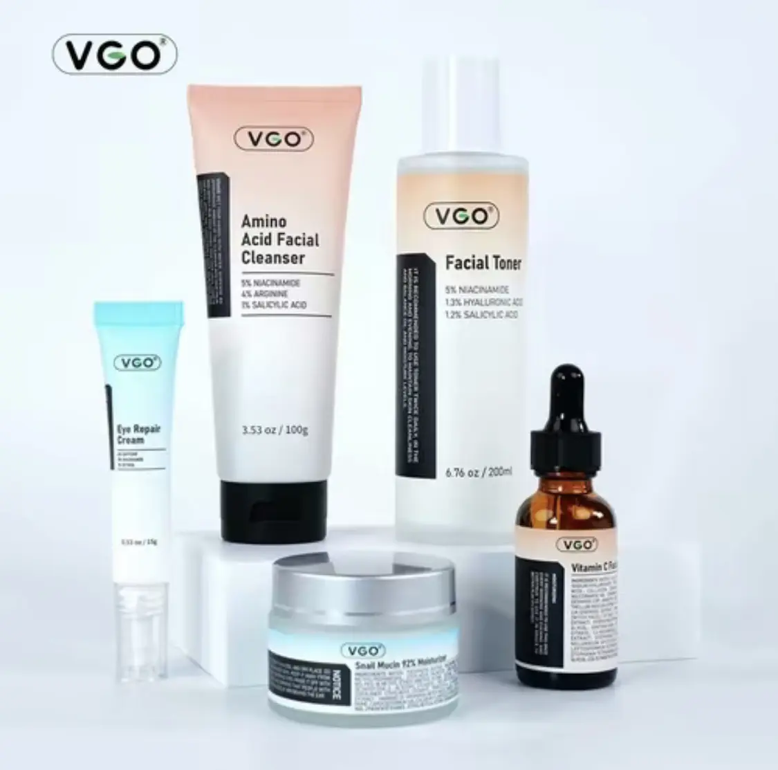 VGO Daily Skincare 5-Step Routine Care Gift Set - All-in-One Solution for Complete Facial Care with Amino Acid Cleanser, Toner, Serum, Eye Cream, & MoisturizerApply