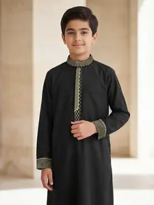 Muslim Traditional Embroidered Long Sleeve Stand Collar Boys' Thobe, Buttoned Shirt Sleeves with Pockets, Suitable for Ages 8-12