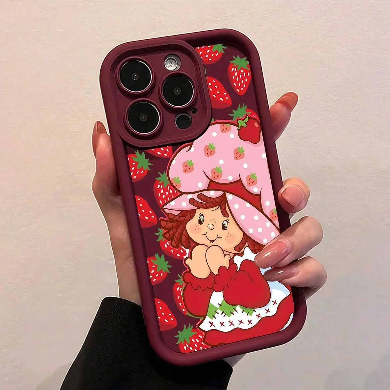 Retro Cute Pink Strawberry Shortcake Pattern TPU Phone Case Casing for iPhone 13 14 15 16 17 Pro Max, Durable Full Coverage Drop Proof Shockproof Protector, Phone Accessories, Teen Girl Birthday Gifts