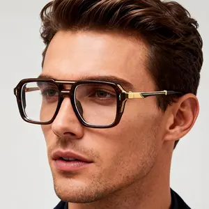 Men's Fashion Vintage Double Bridge Metal Eyeglasses  Plain PC Lens Black & Golden Hinge Elegant Business Style Office Commute Accessory Frame Perfect Holiday Gift