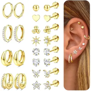 MILACOLATO 12-Pair Flat Back Earrings Set for Women, Hypoallergenic Surgical Steel Studs, Gold Set for Sensitive Ears, Helix Cartilage Tragus Piercings, Daily Wear