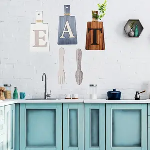 Rustic Kitchen Wall Decor Set – Cutting Board Eat Sign with Fork & Spoon, Farmhouse Style (3PCS)