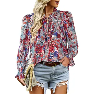 Women's Long Sleeve Floral Blouses Boho Chic V Neck Drawstring Peasant Shirts Casual Wear Fitted Bohemian Print Top Thin