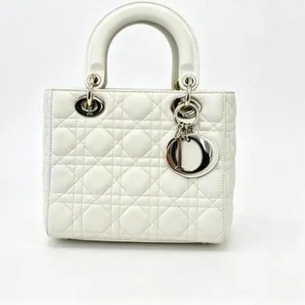 Pre-owned Dior Lady Medium Off White Cannage Quilted Lambskin Handbag Silver Hardware D.I.O.R Charms