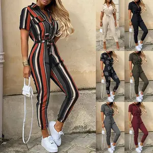 (New)2024 women's trousers casual lapel button-down printed belt tooling jumpsuit Overalls Womenswear Piece Fit