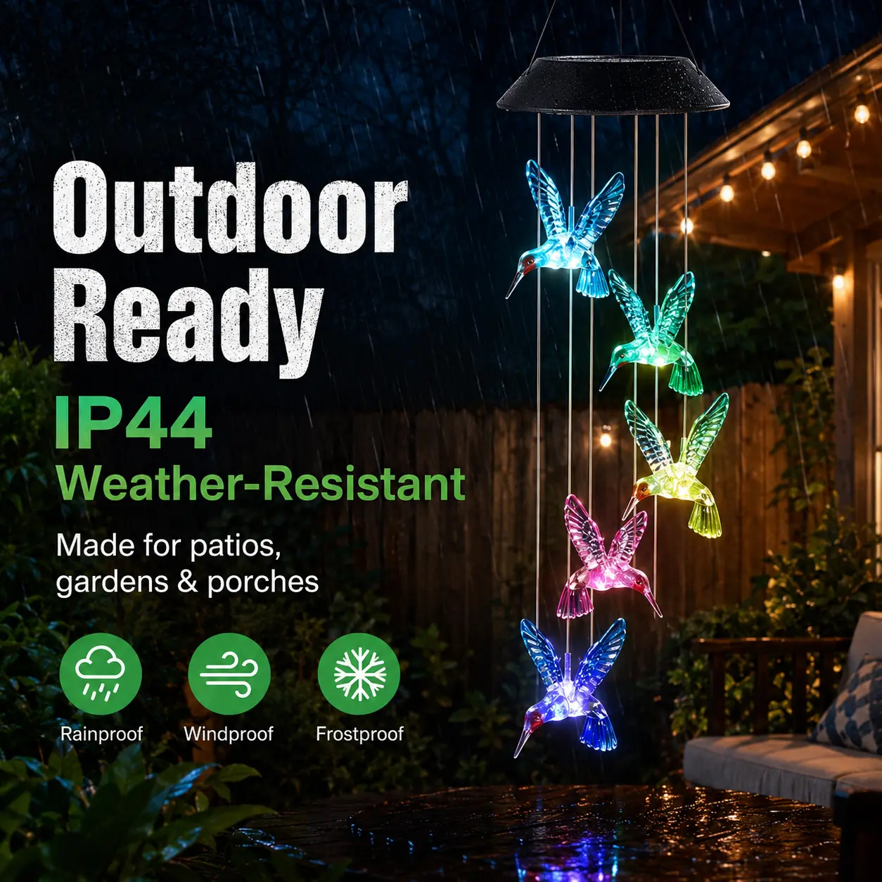 Color Changing Solar LED Hummingbird Wind Chimes, Waterproof Weather Resistant Outdoor Hanging Wind Chime Lights, Solar Auto On/Off Decor Lighting for Patio Lawn Courtyard Wedding Holiday Decor