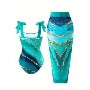 Women's summer swimwear, luxurious gold-patterned beach set, one-piece swimsuit + midi skirt, perfect for summer beach vacations