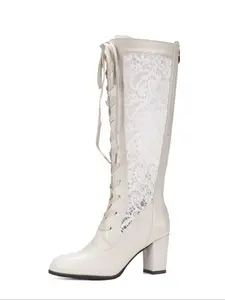 Elegant Lace Hollow Out High-Top Buckle Chunky Heel Boots, Vintage Style Slimming Long Booties, Wedding Party Bridal Shoes