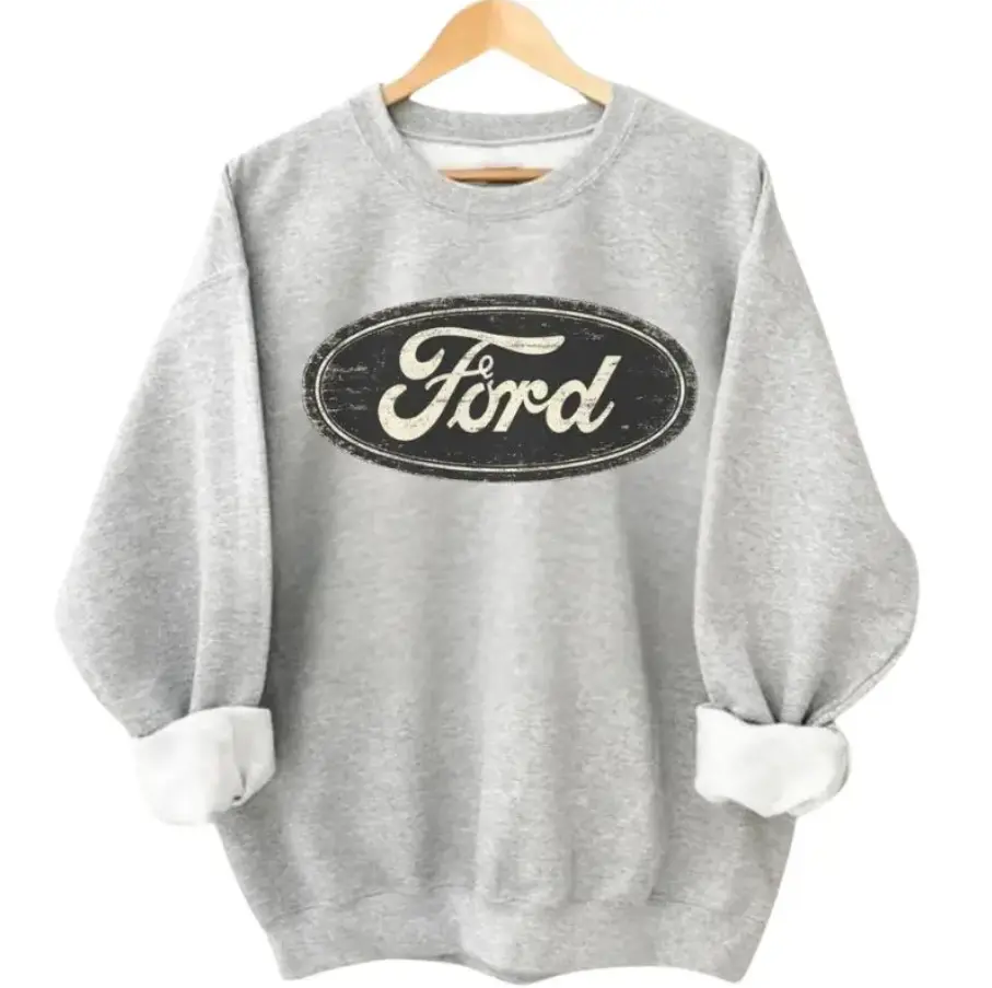 Ford Retro Logo Ash Grey  Sweatshirt, Vintage Grunge Pullover for Truck Lovers, Rustic Outdoor Style Crewneck, Classic Ford Apparel for Women, Fashion For All