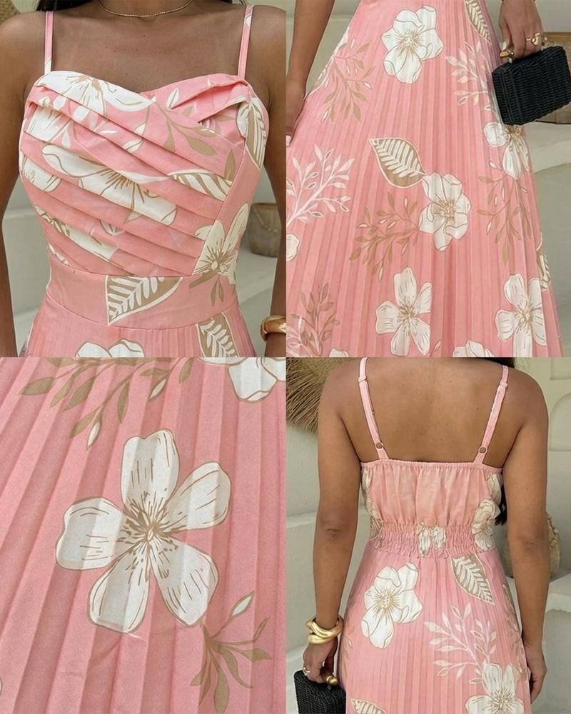 ChicMe Women's Floral Print Pleated Maxi Dress Adjustable Straps High Waisted Shirred Back Boho Vacation Dress