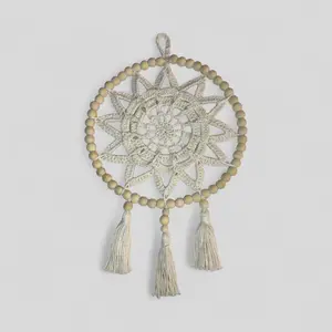 10" Handmade Wood Bead Frame Macrame Dreamcatcher - Nursery and Kid's Room Decor -- Off White / Tan / Cream