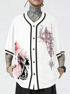 Gothic Angel Graphic Baseball Jersey, White Black Trim Oversized Button Up Shirt, Dark Romantic Grunge Streetwear, Loose Fit Casual Short Sleeve Top for E-Girl E-Boy Plus Size