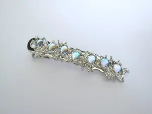 Silver metal blue iridescent stone and leaf alligator hair claw clip clamp