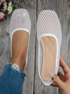 Women's Mesh Square Toe Flat Shoes, Breathable Soft Sole, Casual Daily Commute Walking Sneakers, All Seasons Textile Footwear