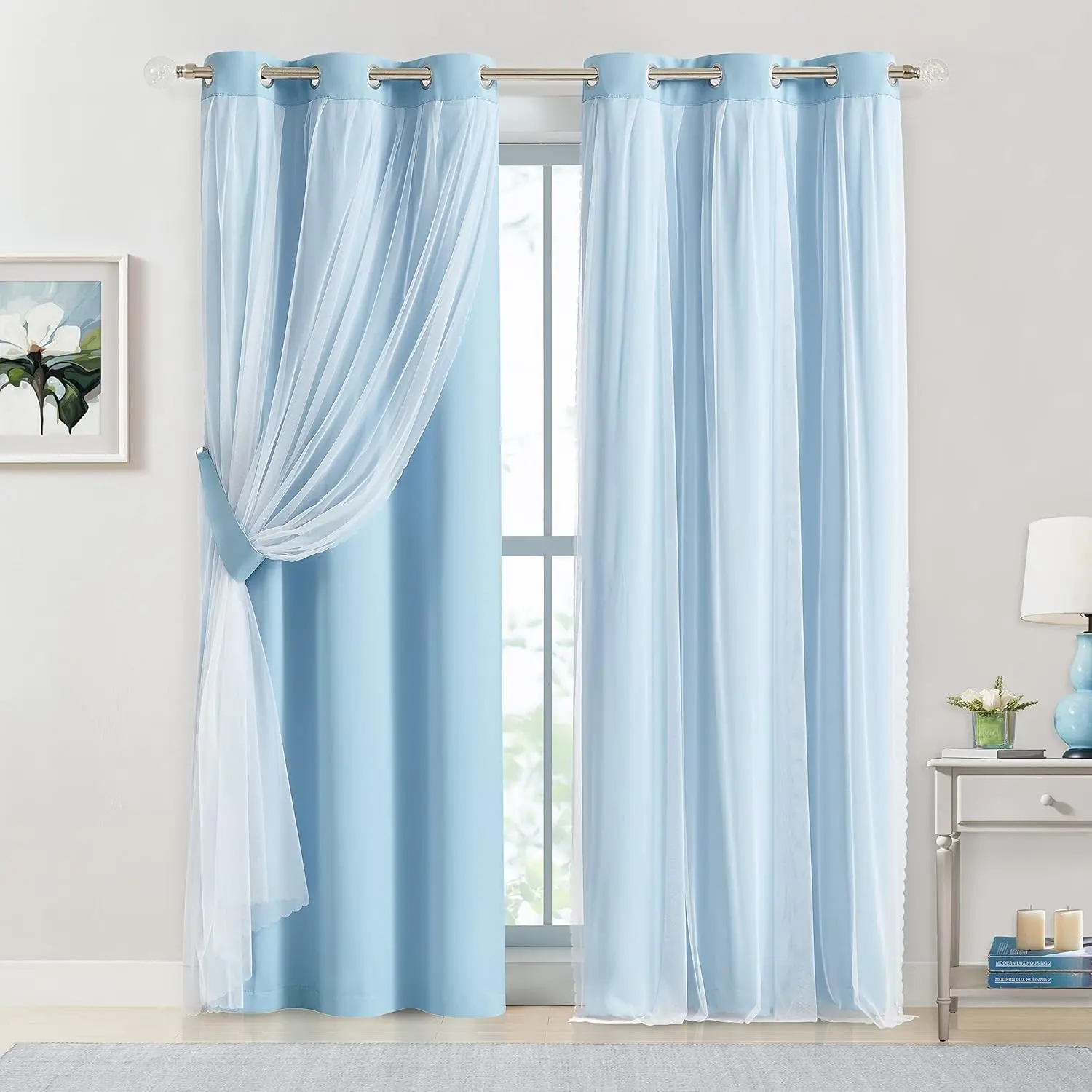 French Romantic Two-Layer Cloth Light-Blocking Finished Curtain, Fashionable Hole Drapery for Living Room, Stylish and Trendy Window Covering, Home Decoration Curtain, Window Drapes, Home Decorative Curtain