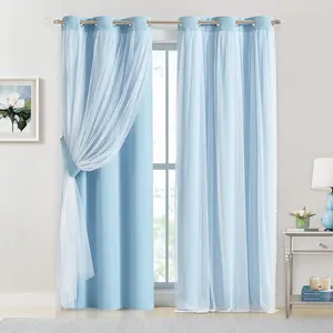 French Romantic Two-Layer Cloth Light-Blocking Finished Curtain, Fashionable Hole Drapery for Living Room, Stylish and Trendy Window Covering, Home Decoration Curtain
