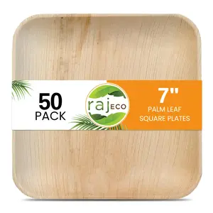 Raj Palm Leaf 50-Pack 7" Square Plates - Strong, Disposable, Compostable Tableware for Wedding, Lunch, Dinner, Birthday, Camping & Outdoor BBQ