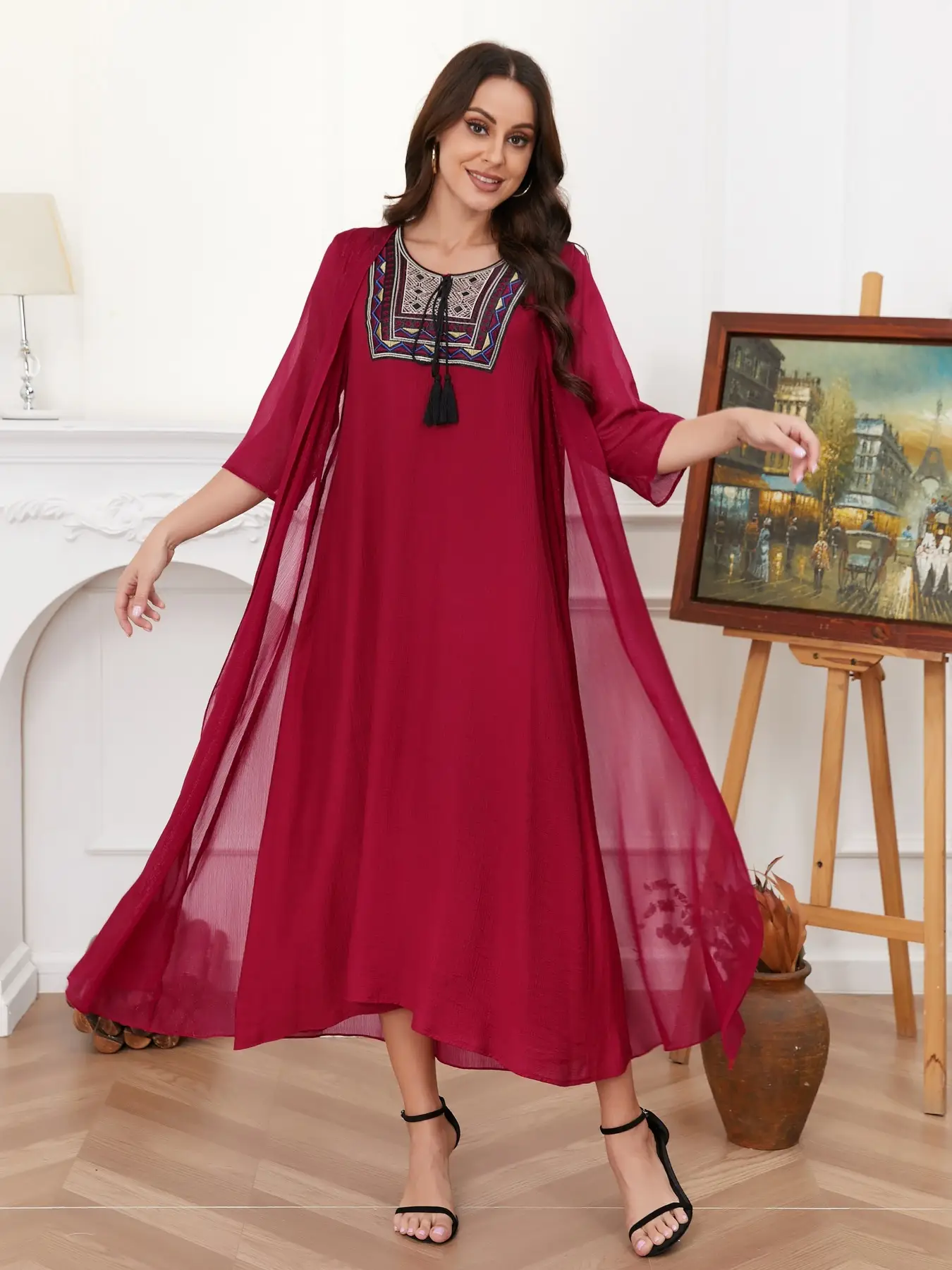 Women's Elegant Loose-Fitting Long Dress, Round Neck Woven Fabric, Fitted Design, All Season Wear, Vacation Style