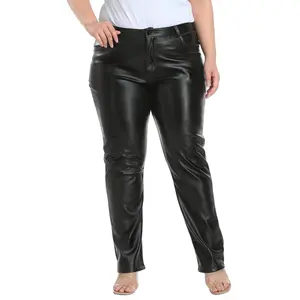 HDE Women's Plus Size Faux Leather Pants High Waist Straight Leg w Pockets - Sleek Design Soft Polyester Material with Front & Rear Pockets