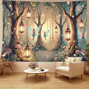 Large magical forest fairy wall hanging, equipped with glowing lanterns and fairy patterns - mysterious forest scene, featuring mushrooms, butterflies and fairies - suitable for weddings, birthdays, room decoration and Bohemian style decoration. wwx