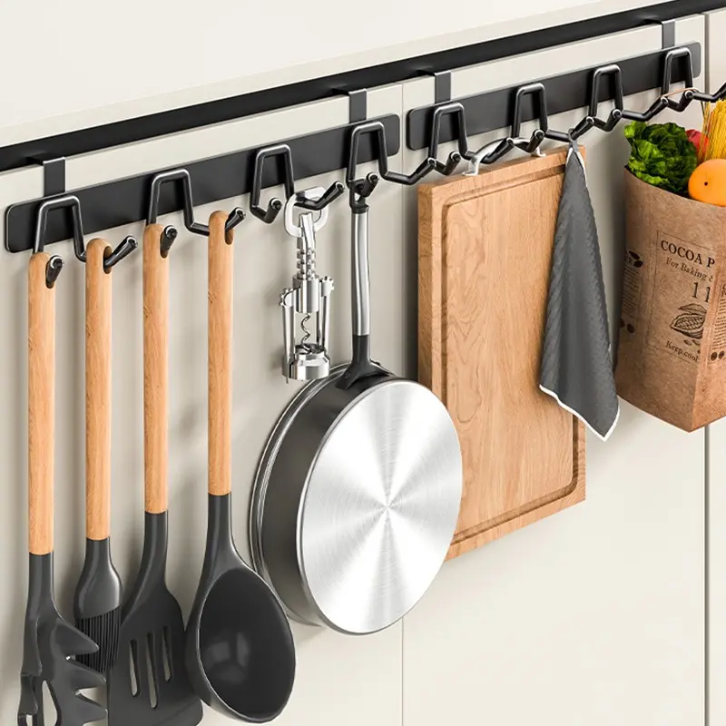 1 Pcs 8 Hooks Carbon Steel over the Door Hooks, Hooks for Wall, Storage Hooks, Minimalist Punch-Free Hanging Rack, Heavy-Duty Kitchen Organizer for Utensils, Spoons & Pans