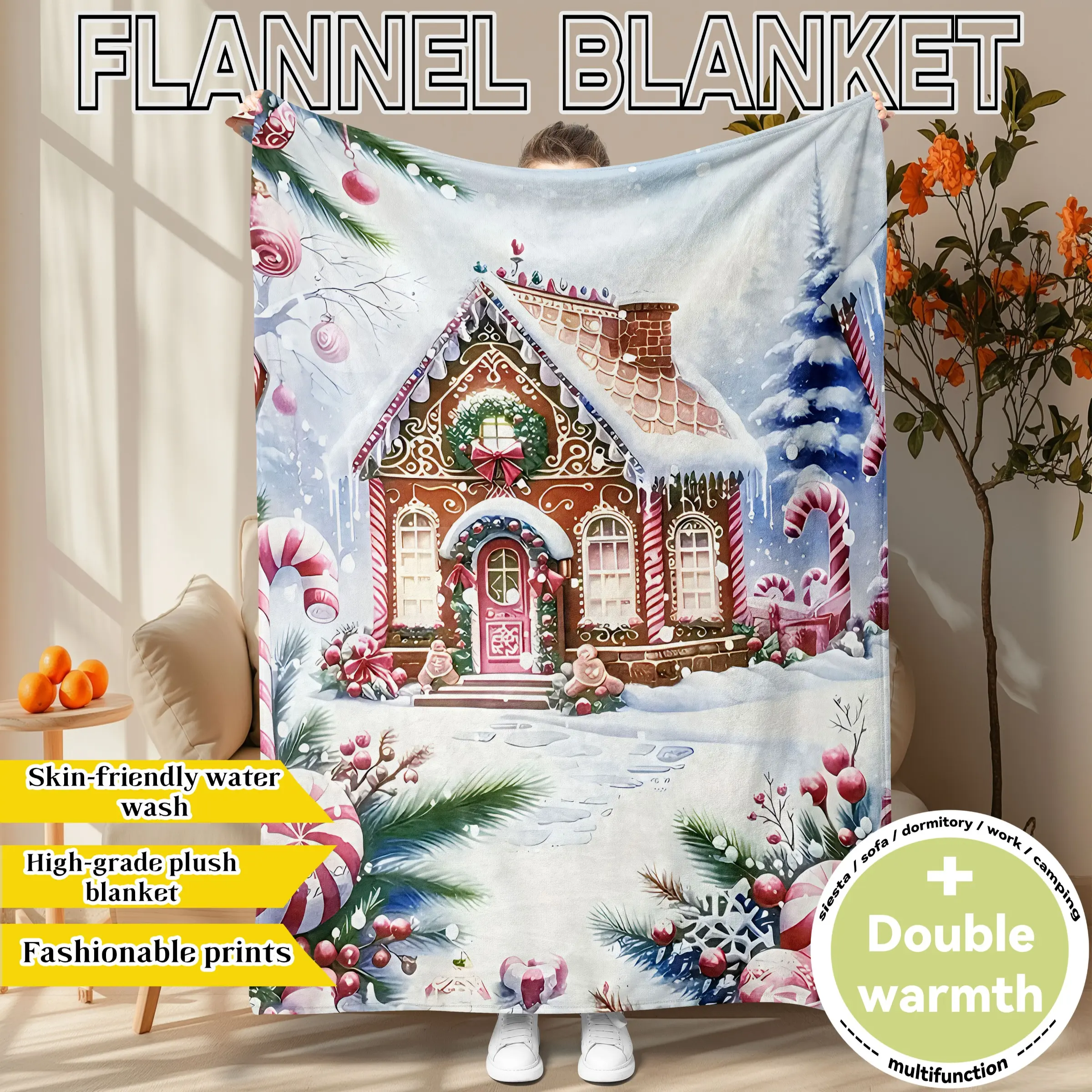"Festive Gingerbread House Print Christmas Blanket - Flannel Plush, Super Soft & Warm, Extra Large for All Seasons. Ideal for Home, Office, Travel, or as a Holiday Gift. Machine Washable."