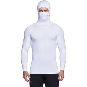 Men's Thermal Compression Hoodie with Attached Hood & Face Mask, Long-Sleeve Polyester-Elastic Spandex Mix Winter Sports Base Layer, UPF 50+ True-to-Size Running Top