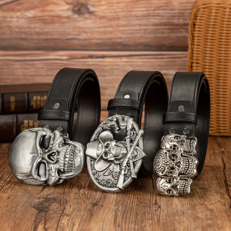 Men's Average Size PU Leather Belt with Funky Skull Alloy Buckle - Trendy Autumn Festival Fashion Versatile Male Accessory, Skull Buckle, Shaped Buckle
