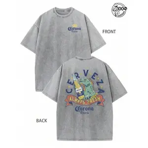 Graphic Tee Featuring Lizard Holding a Beer, "Corona Extra Always Fresh" Print, Retro Washed 230G Pure Cotton, Double-Sided Design, Crew Neck Short Sleeve, Regular Fit, Vintage Streetwear, Unisex Casual Top for Men & Fall Wear