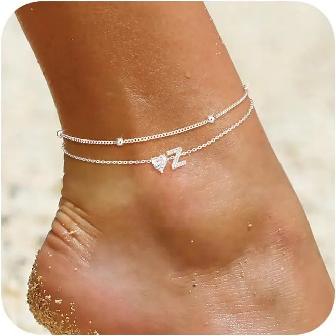 Women's Silver-Plated Waterproof Initial Anklets, Dainty Double-Layer Adjustable Thin Chain Ankle Bracelet with Cubic Zirconia Love Heart, Minimalist Beach Jewelry, A-Z Custom Name Gift for Teen Girls