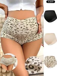 Maternity 3pcs High Waist Seamless Leopard Print Underwear Set for Pregnant Women Multicolor Briefs with Medium Stretch Knitted Fabric