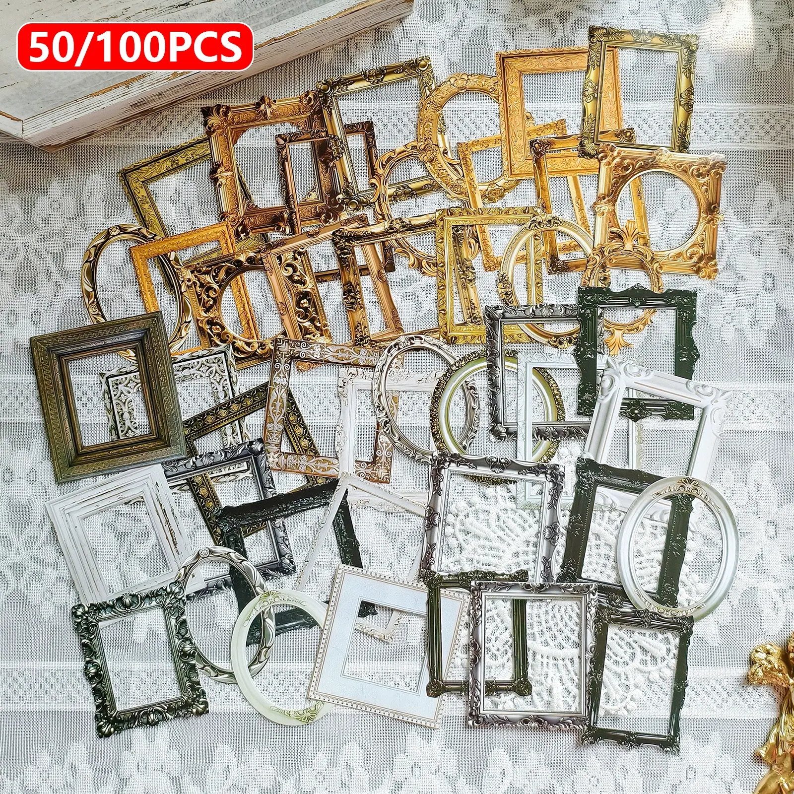 50/100PCS Vintage Cutout Frame Decor Stickers Junk Journal Junk Journaling Supplies DIY Scrapbooking Scrapbook Page Collage Materials Planner Creative Stationery Supplies Crafts, Vintage Material Paper