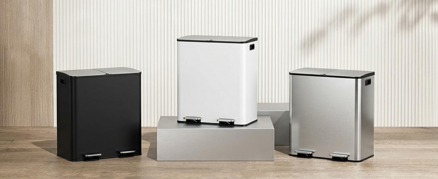 Arlopu 2 x 10.6 Gallon Dual Trash Can with Odor-Control Box, Large Stainless Steel Compartment Garbage can, Step-on Recycle Bin, Soft-Close Lid & Removable Inner Buckets, for Kitchen, Office