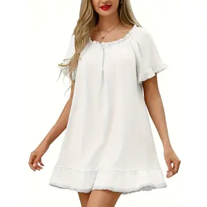 Women's Vintage Nightgowns, Soft Ruffle Hem Puff Sleeve Round Neck Knee-length Nightdress