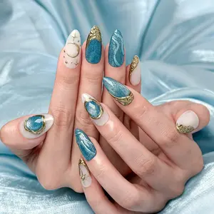 FloraNails |   F015 |   Medium Almond |   Handmade Press-On Nails 10PCS |   Acrylic, Reusable, Salon-Quality, Long-Lasting, Glossy Design