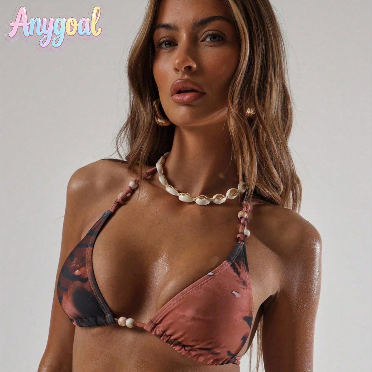 ANYGOAL Women's 2 Piece Halter Triangle Bikini Set, Adjustable Ruched Swimsuit 2026 summer  triangle bikini set,  halter straps paired with high-waist swimsuits 2026 women affordable swimsuits