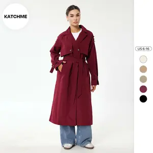 KatchMe Women's Solid Classy Notch Lapel Double Breasted Belt Decor Trench Coat, Versatile Plain Outerwear for Lady Streetwear, Minimalist Outfit