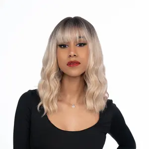 12-Inch Sand Blonde (Espresso Roots, Platinum Underlights) Cute Beach Wave Synthetic Wig | 【Heat Resistant】【Cap Included】 | FSGB