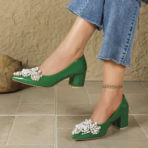 Elegant Classy Women's High Heels Pearl Rhinestone Pointed Toe Chunky Heel Pumps All Season Shoes Plus Size