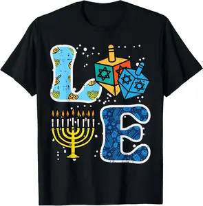 100% Cotton Hanukkah Love Menorah Dreidel Chanukah Jewish Women Men T-Shirt